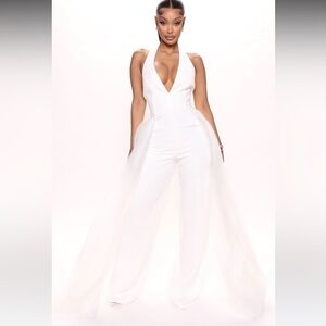 White jumpsuit with detachable train